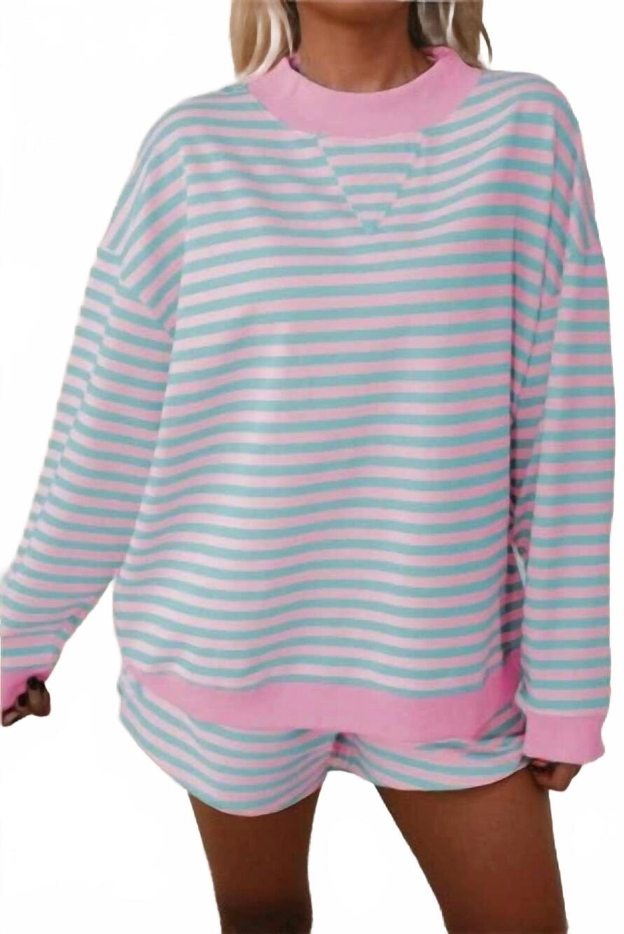 NEW SHEWIN stripe colorblock pullover and shorts set in pink/blue